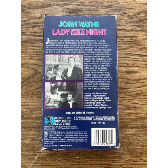 Lady For A Night 1942 VHS John Wayne Joan Blondell Drama Vintage Pre-Owned - Picture 2 of 4